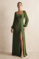 Square Neck Long Sleeves Chiffon Sheath Bridesmaid Dress in Olive - SHE IS ME Bridesmaid Dresses