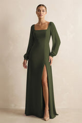 Square Neck Long Sleeves Chiffon Sheath Bridesmaid Dress in Olive | KISSBRIDAL