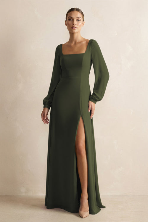 Square Neck Long Sleeves Chiffon Sheath Bridesmaid Dress in Olive | KISSBRIDAL