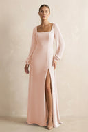 Square Neck Long Sleeves Chiffon Sheath Bridesmaid Dress in Pale Blush - SHE IS ME Bridesmaid Dresses