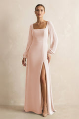 Square Neck Long Sleeves Chiffon Sheath Bridesmaid Dress in Pale Blush - KISS BRIDAL Bridesmaid Dresses