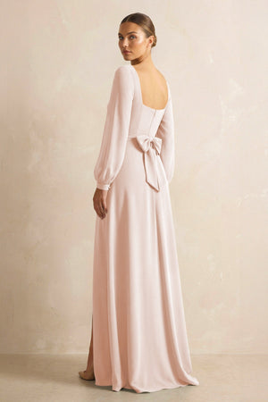 Square Neck Long Sleeves Chiffon Sheath Bridesmaid Dress in Pale Blush - SHE IS ME Bridesmaid Dresses