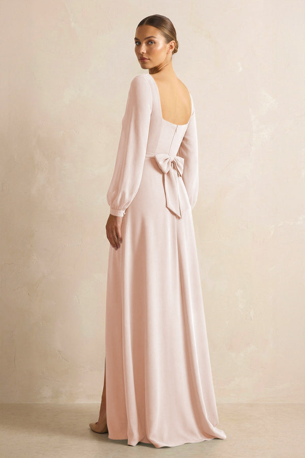 Square Neck Long Sleeves Chiffon Sheath Bridesmaid Dress in Pale Blush - SHE IS ME Bridesmaid Dresses