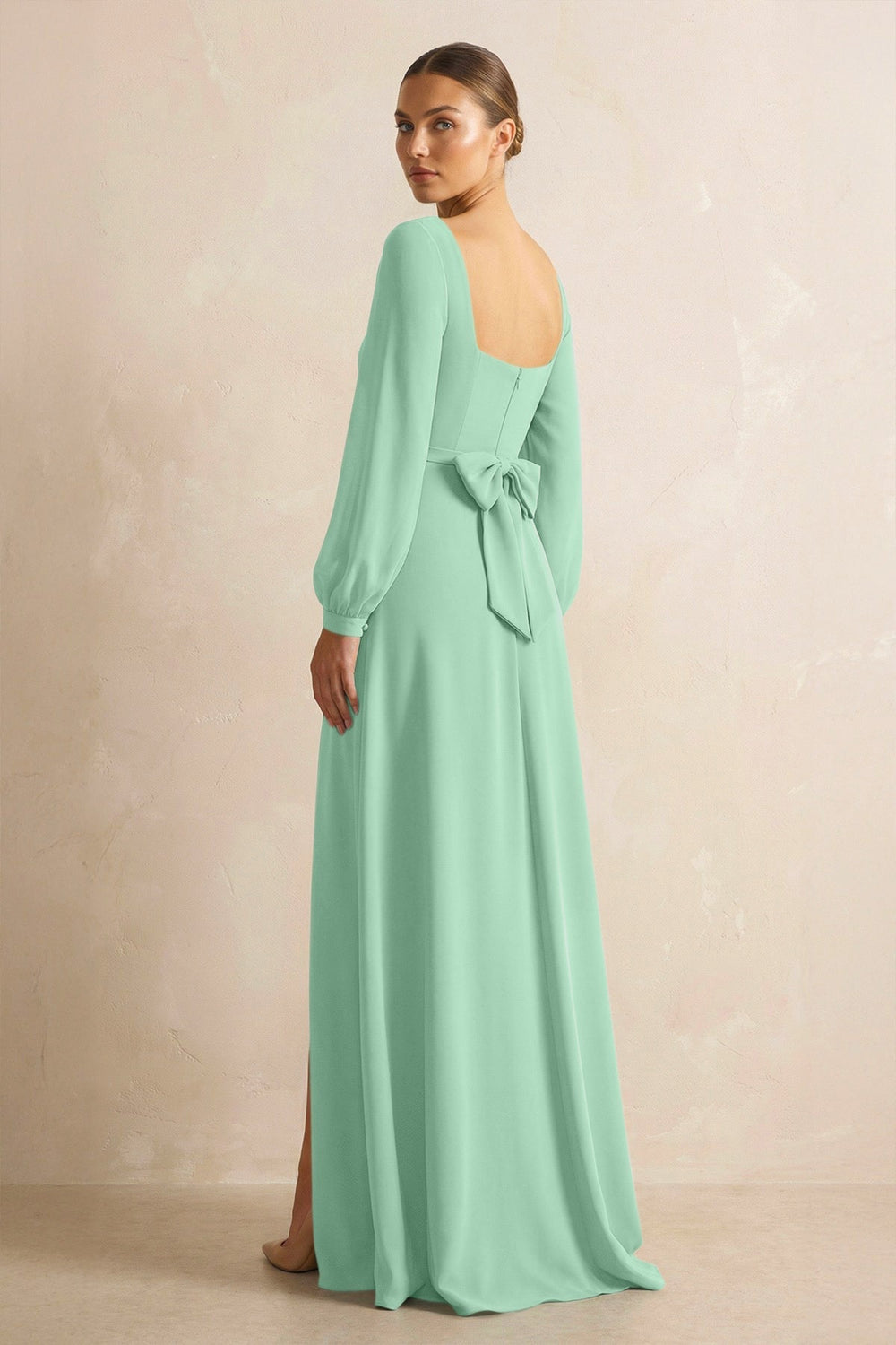 Square Neck Long Sleeves Chiffon Sheath Bridesmaid Dress in Pale Pistachio - KISS BRIDAL Bridesmaid Dresses