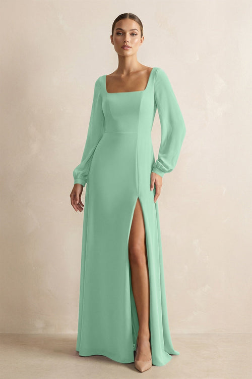 Square Neck Long Sleeves Chiffon Sheath Bridesmaid Dress in Pale Pistachio - SHE IS ME Bridesmaid Dresses