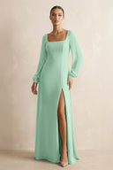 Square Neck Long Sleeves Chiffon Sheath Bridesmaid Dress in Pale Pistachio | KISSBRIDAL