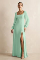 Square Neck Long Sleeves Chiffon Sheath Bridesmaid Dress in Pale Pistachio | KISSBRIDAL
