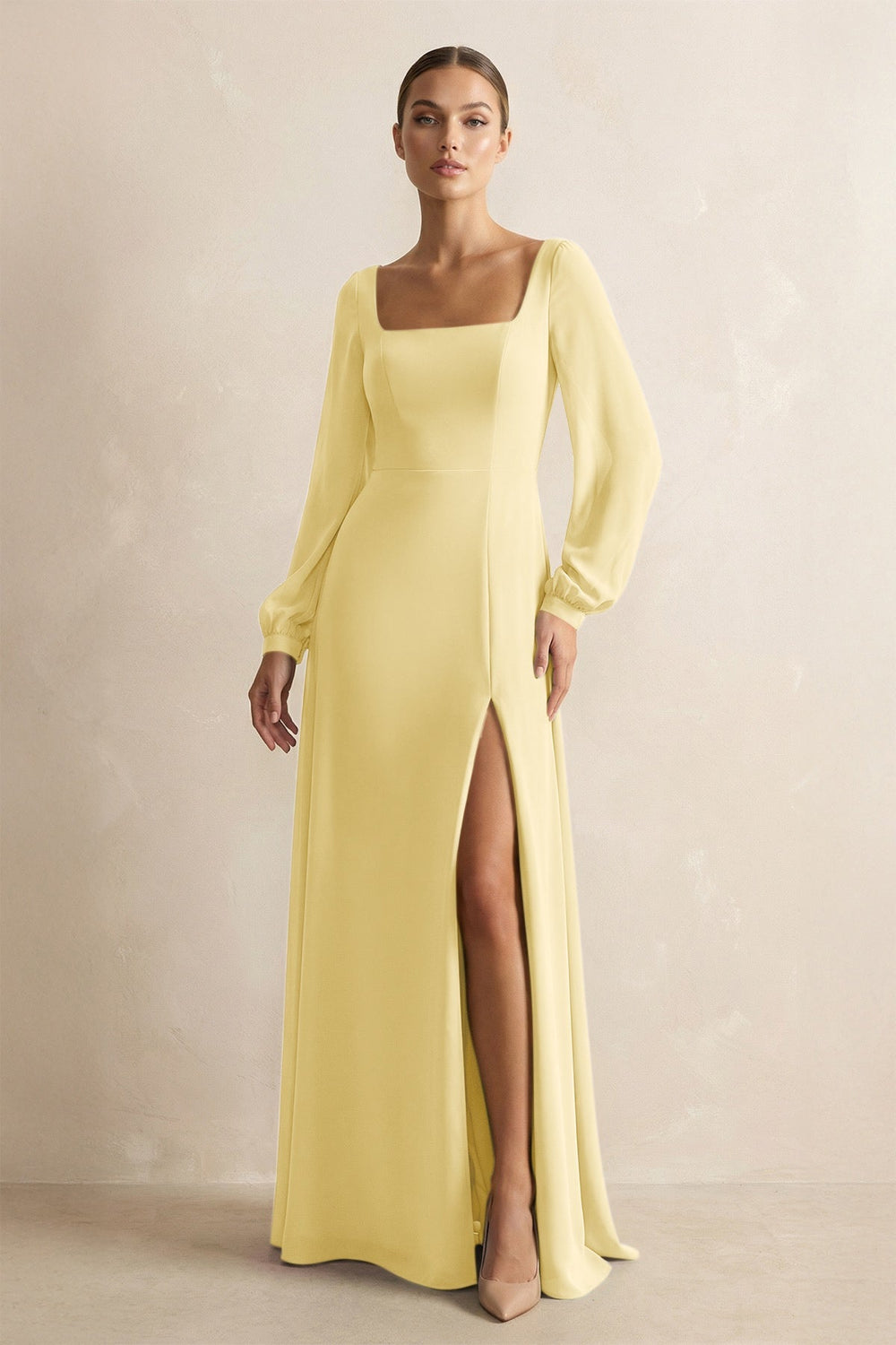 Square Neck Long Sleeves Chiffon Sheath Bridesmaid Dress in Pastel Yellow - KISS BRIDAL Bridesmaid Dresses
