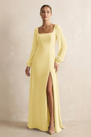 Square Neck Long Sleeves Chiffon Sheath Bridesmaid Dress in Pastel Yellow - SHE IS ME Bridesmaid Dresses