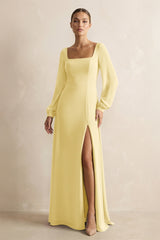 Square Neck Long Sleeves Chiffon Sheath Bridesmaid Dress in Pastel Yellow - KISS BRIDAL Bridesmaid Dresses