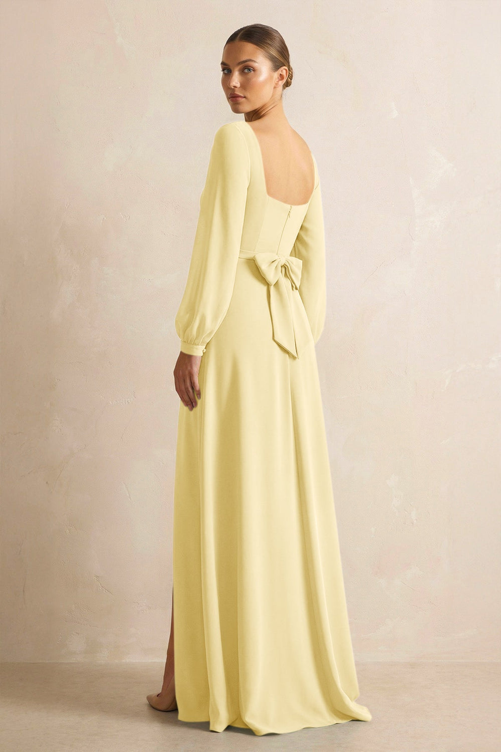 Square Neck Long Sleeves Chiffon Sheath Bridesmaid Dress in Pastel Yellow - KISS BRIDAL Bridesmaid Dresses