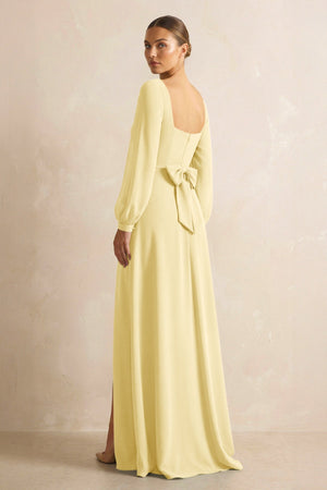 Square Neck Long Sleeves Chiffon Sheath Bridesmaid Dress in Pastel Yellow - SHE IS ME Bridesmaid Dresses