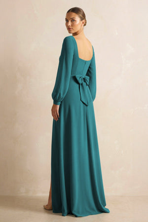 Square Neck Long Sleeves Chiffon Sheath Bridesmaid Dress in Pine - SHE IS ME Bridesmaid Dresses