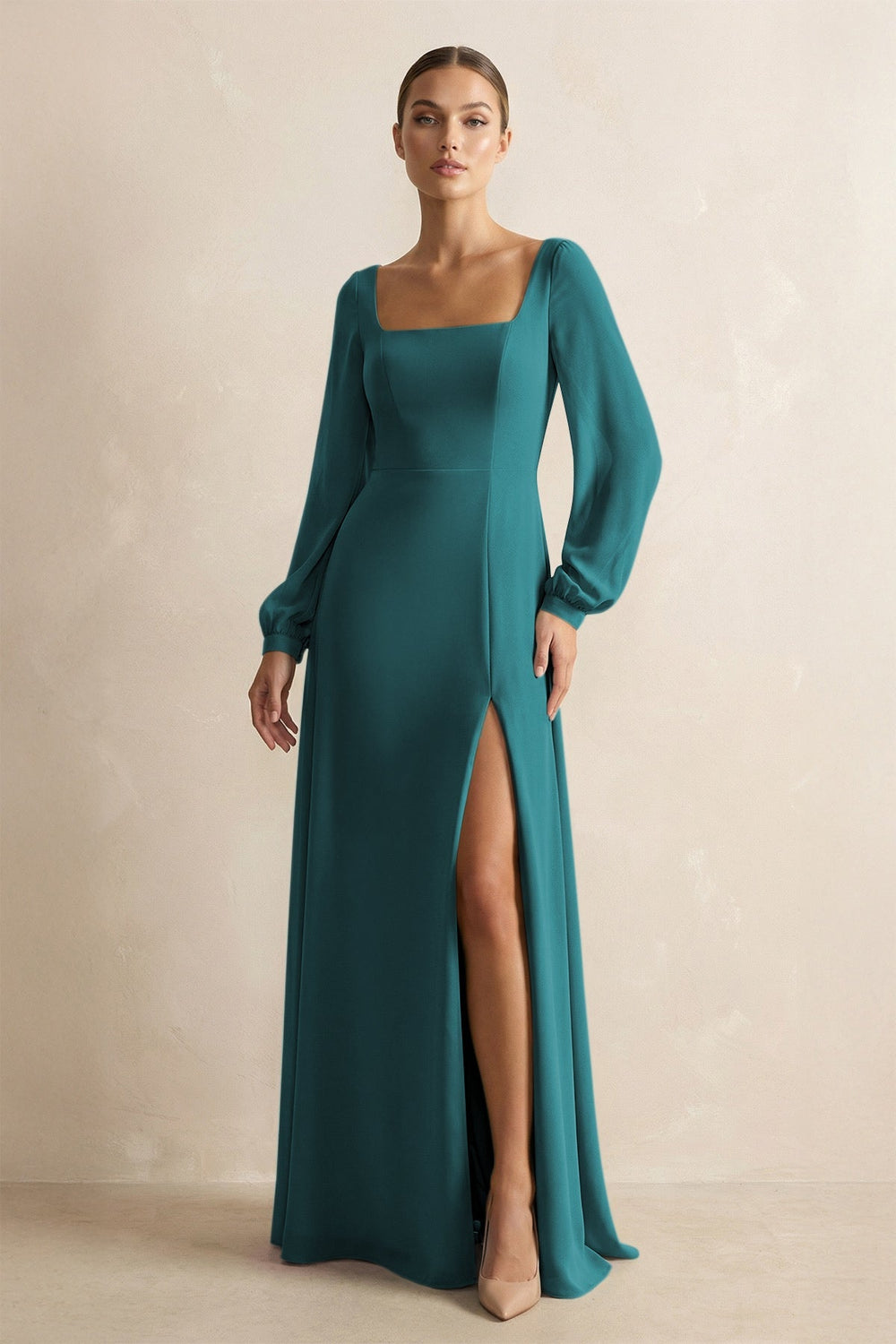 Square Neck Long Sleeves Chiffon Sheath Bridesmaid Dress in Pine - KISS BRIDAL Bridesmaid Dresses
