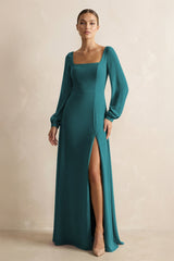 Square Neck Long Sleeves Chiffon Sheath Bridesmaid Dress in Pine - KISS BRIDAL Bridesmaid Dresses
