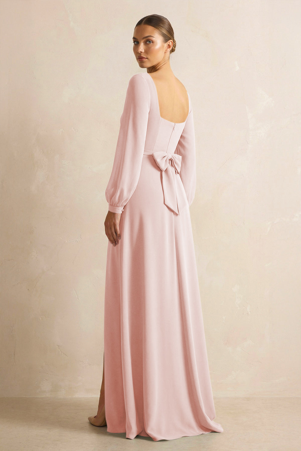 Square Neck Long Sleeves Chiffon Sheath Bridesmaid Dress in Rose Petal