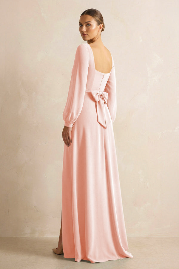 Square Neck Long Sleeves Chiffon Sheath Bridesmaid Dress in Rose Petal - SHE IS ME Bridesmaid Dresses