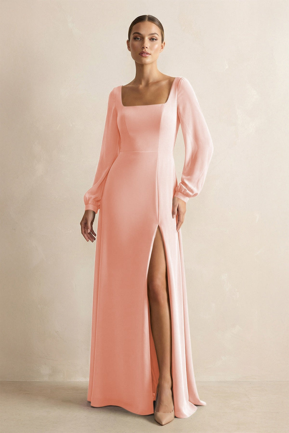 Square Neck Long Sleeves Chiffon Sheath Bridesmaid Dress in Rose Petal - KISS BRIDAL Bridesmaid Dresses