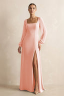 Square Neck Long Sleeves Chiffon Sheath Bridesmaid Dress in Rose Petal - SHE IS ME Bridesmaid Dresses