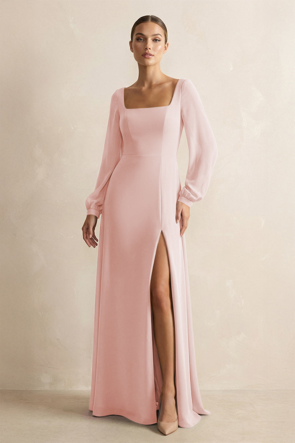 Square Neck Long Sleeves Chiffon Sheath Bridesmaid Dress in Rose Petal