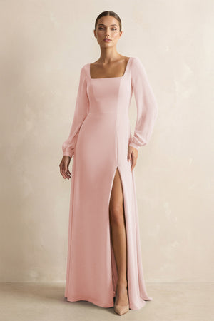 Square Neck Long Sleeves Chiffon Sheath Bridesmaid Dress in Rose Petal | KISSBRIDAL