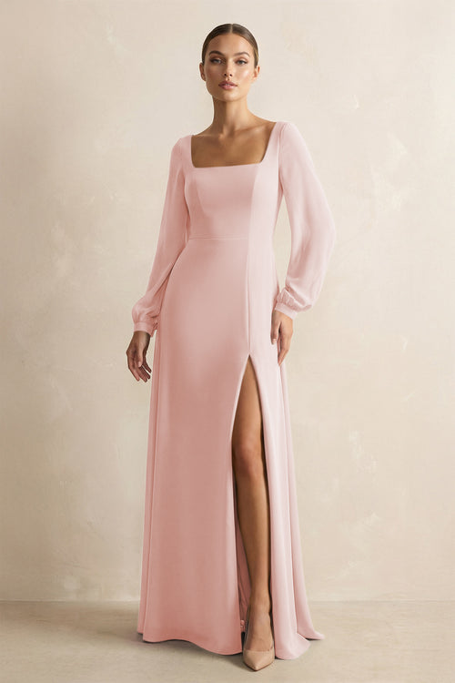 Square Neck Long Sleeves Chiffon Sheath Bridesmaid Dress in Rose Petal | KISSBRIDAL