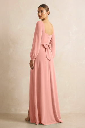 Square Neck Long Sleeves Chiffon Sheath Bridesmaid Dress in Rosette (2) | KISSBRIDAL