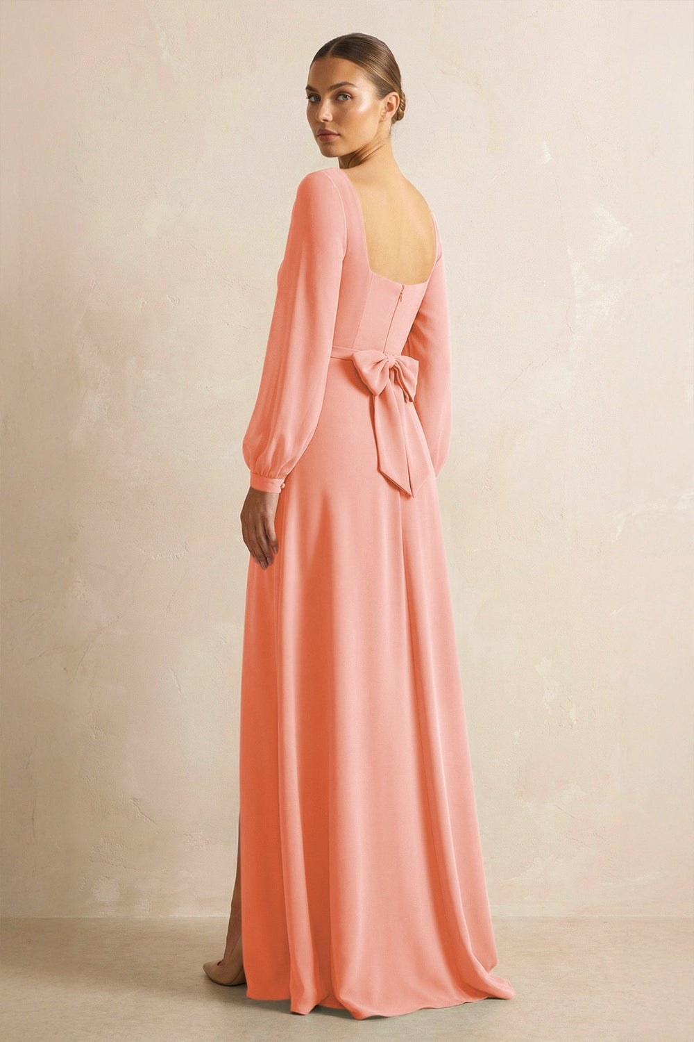 Square Neck Long Sleeves Chiffon Sheath Bridesmaid Dress in Rosette - KISS BRIDAL Bridesmaid Dresses