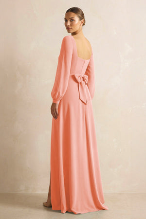 Square Neck Long Sleeves Chiffon Sheath Bridesmaid Dress in Rosette - SHE IS ME Bridesmaid Dresses