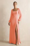 Square Neck Long Sleeves Chiffon Sheath Bridesmaid Dress in Rosette - SHE IS ME Bridesmaid Dresses