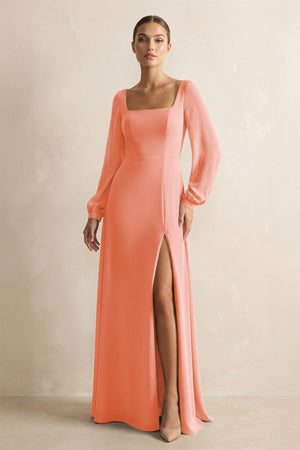 Square Neck Long Sleeves Chiffon Sheath Bridesmaid Dress in Rosette - SHE IS ME Bridesmaid Dresses