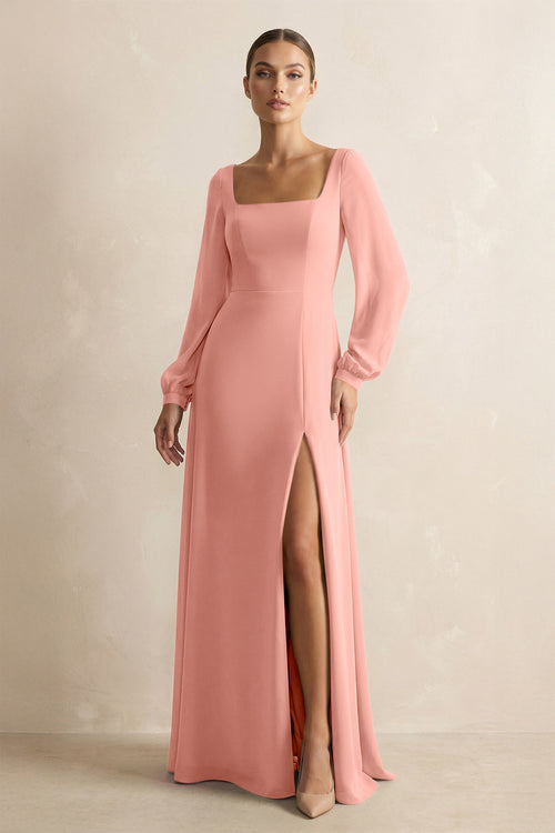 Square Neck Long Sleeves Chiffon Sheath Bridesmaid Dress in Rosette | KISSBRIDAL