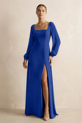 Square Neck Long Sleeves Chiffon Sheath Bridesmaid Dress in Royal Blue - KISS BRIDAL Bridesmaid Dresses