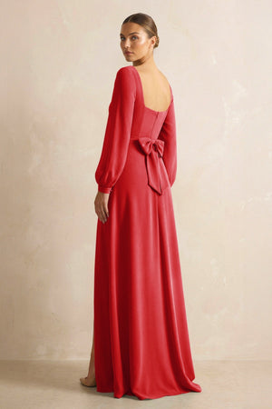 Square Neck Long Sleeves Chiffon Sheath Bridesmaid Dress in Ruby Red - SHE IS ME Bridesmaid Dresses