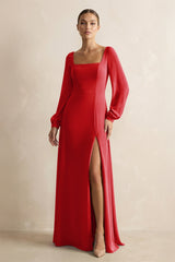 Square Neck Long Sleeves Chiffon Sheath Bridesmaid Dress in Ruby Red - KISS BRIDAL Bridesmaid Dresses