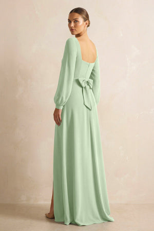 Square Neck Long Sleeves Chiffon Sheath Bridesmaid Dress in Sage - SHE IS ME Bridesmaid Dresses