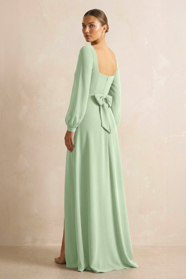 Square Neck Long Sleeves Chiffon Sheath Bridesmaid Dress in Sage - SHE IS ME Bridesmaid Dresses