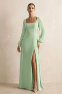 Square Neck Long Sleeves Chiffon Sheath Bridesmaid Dress in Sage - SHE IS ME Bridesmaid Dresses