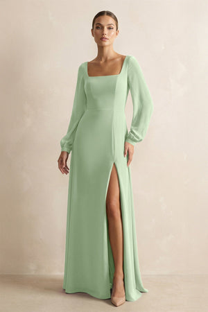 Square Neck Long Sleeves Chiffon Sheath Bridesmaid Dress in Sage - SHE IS ME Bridesmaid Dresses