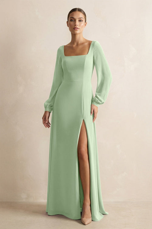 Square Neck Long Sleeves Chiffon Sheath Bridesmaid Dress in Sage - SHE IS ME Bridesmaid Dresses
