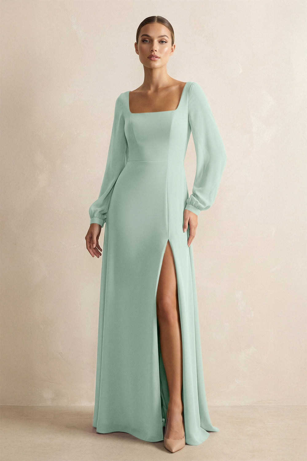 Square Neck Long Sleeves Chiffon Sheath Bridesmaid Dress in Sage