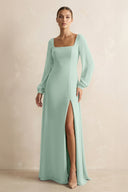 Square Neck Long Sleeves Chiffon Sheath Bridesmaid Dress in Sage | KISSBRIDAL