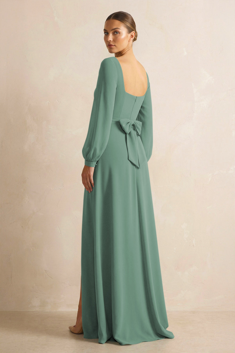Square Neck Long Sleeves Chiffon Sheath Bridesmaid Dress in Sea Glass