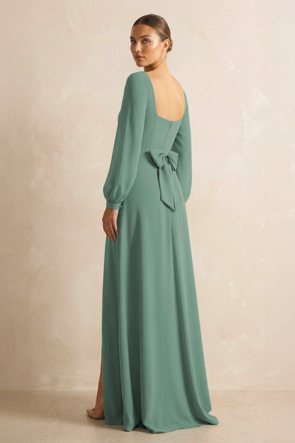 Square Neck Long Sleeves Chiffon Sheath Bridesmaid Dress in Sea Glass (2) | KISSBRIDAL
