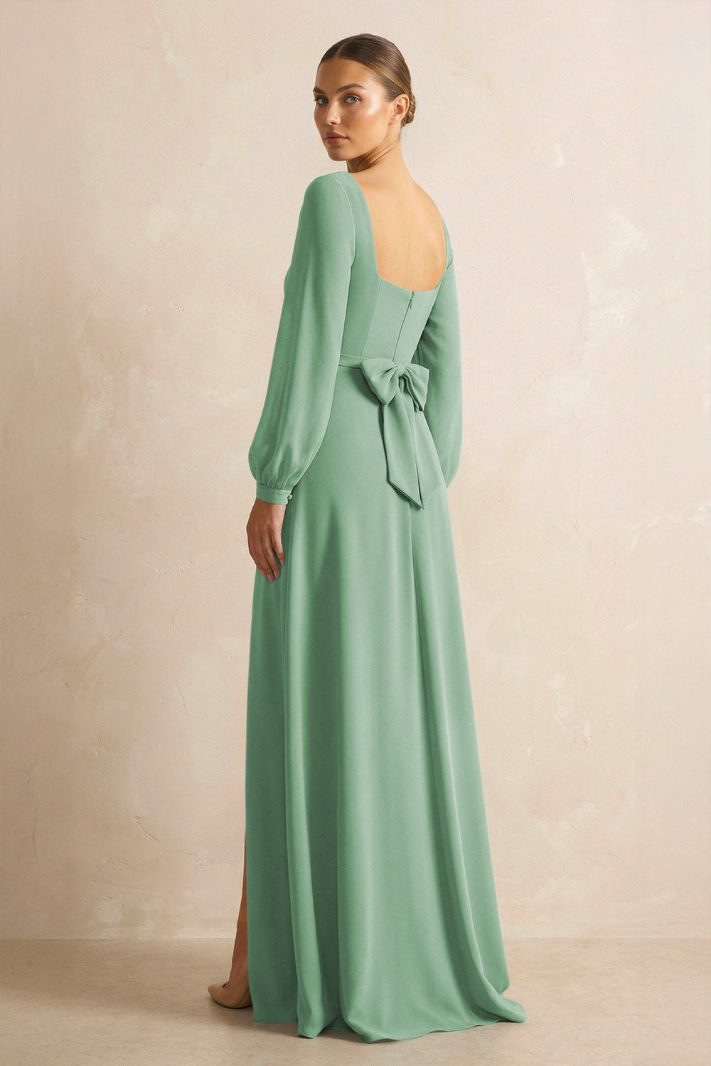 Square Neck Long Sleeves Chiffon Sheath Bridesmaid Dress in Sea Glass - KISS BRIDAL Bridesmaid Dresses
