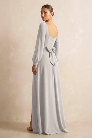 Square Neck Long Sleeves Chiffon Sheath Bridesmaid Dress in Silver - SHE IS ME Bridesmaid Dresses