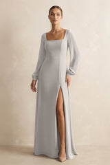 Square Neck Long Sleeves Chiffon Sheath Bridesmaid Dress in Silver - KISS BRIDAL Bridesmaid Dresses