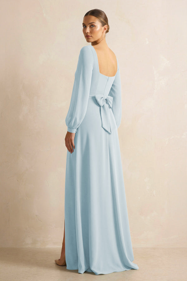 Square Neck Long Sleeves Chiffon Sheath Bridesmaid Dress in Sky Blue (2) | KISSBRIDAL
