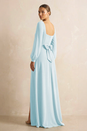 Square Neck Long Sleeves Chiffon Sheath Bridesmaid Dress in Sky Blue - SHE IS ME Bridesmaid Dresses