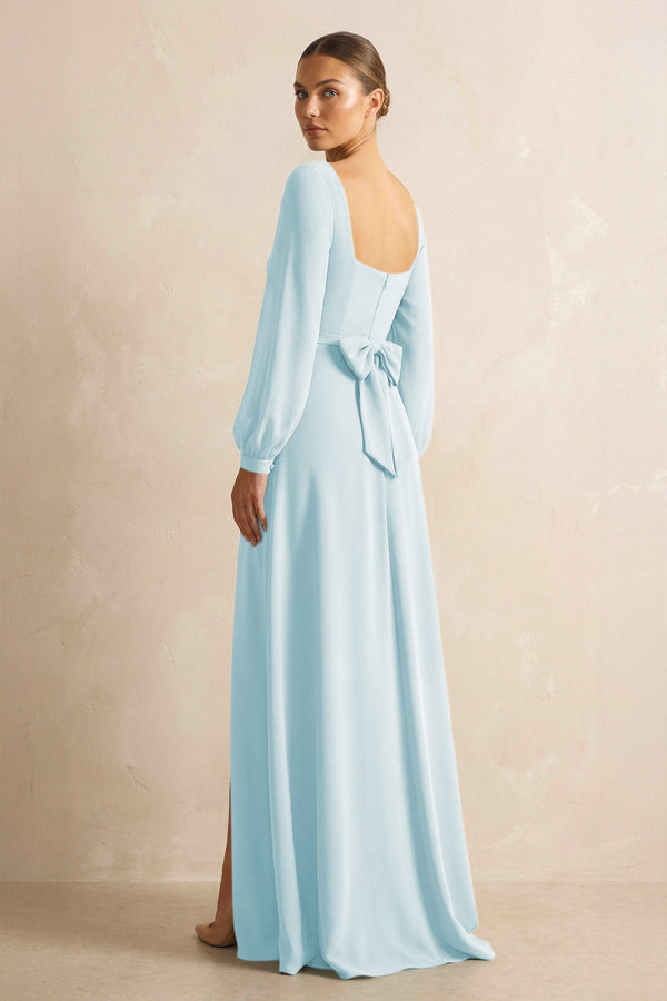 Square Neck Long Sleeves Chiffon Sheath Bridesmaid Dress in Sky Blue - SHE IS ME Bridesmaid Dresses